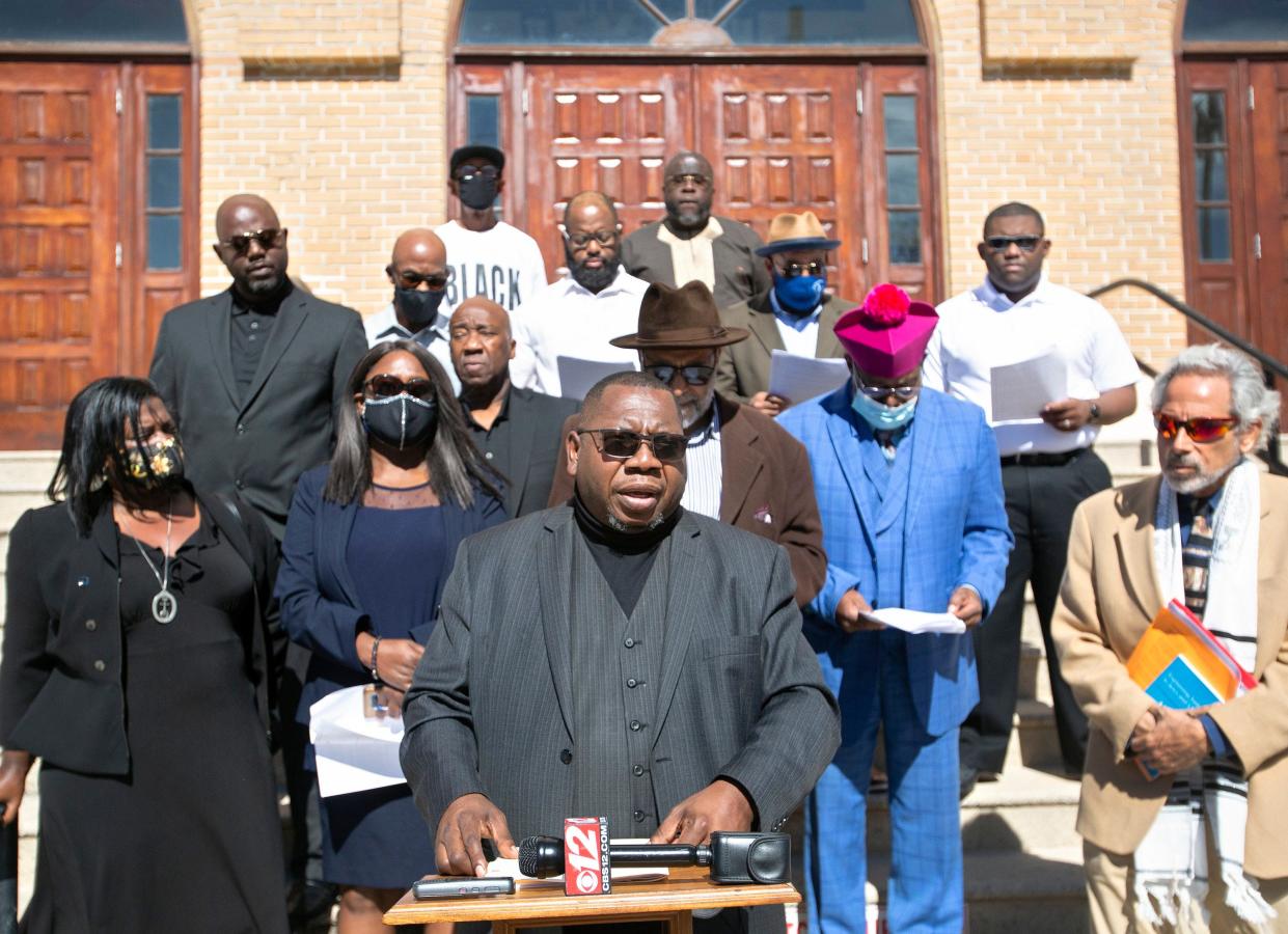 Rev. J.R. Thicklin speaks during a news conference held by the Palm Beach County Clergy Alliance in West Palm Beach Monday, Nov. 29, 2021 to oppose what it calls the three Vs under Gov. Ron DeSantis: voter opposition, voting restrictions and vigilante endorsement, the state's anti-riot law.