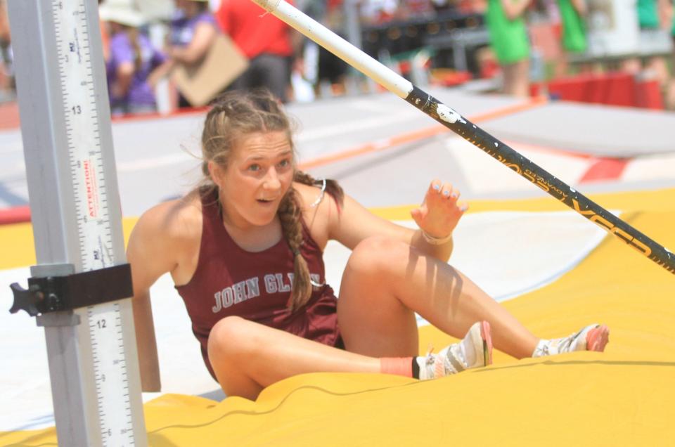 John Glenn's Brayden Snider reacts to clearing 12-feet-2 in the Division II girls pole vault during the state championships at Ohio State on Saturday, June 3, 2023. Snider placed third in the event.