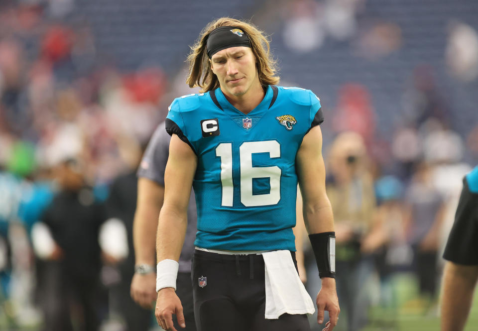 HOUSTON, TEXAS - SEPTEMBER 12: Trevor Lawrence #16 of the Jacksonville Jaguars reacts after the game against the Houston Texans at NRG Stadium on September 12, 2021 in Houston, Texas. (Photo by Carmen Mandato/Getty Images)