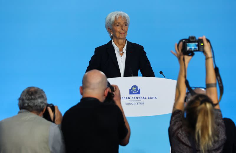 ECB's Lagarde attends a news conference following the monetary policy meeting in Frankfurt