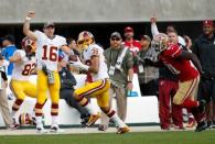 Nov 23, 2014; Santa Clara, CA, USA; Washington Redskins cornerback Greg Ducre (38) intercepts the pass intended for San Francisco 49ers wide receiver Anquan Boldin (81) during the third quarter at Levi's Stadium. The San Francisco 49ers defeated the Washington Redskins 17-13. Mandatory Credit: Kelley L Cox-USA TODAY Sports