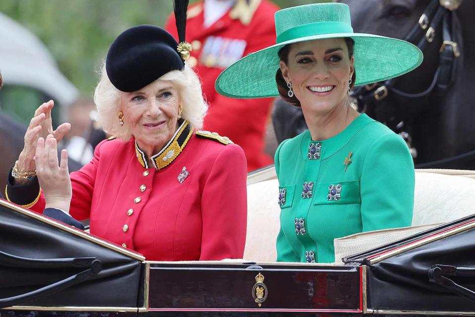 <p>Neil Mockford/Getty</p> Queen Camilla and Kate Middleton attend Trooping the Colour 2023.