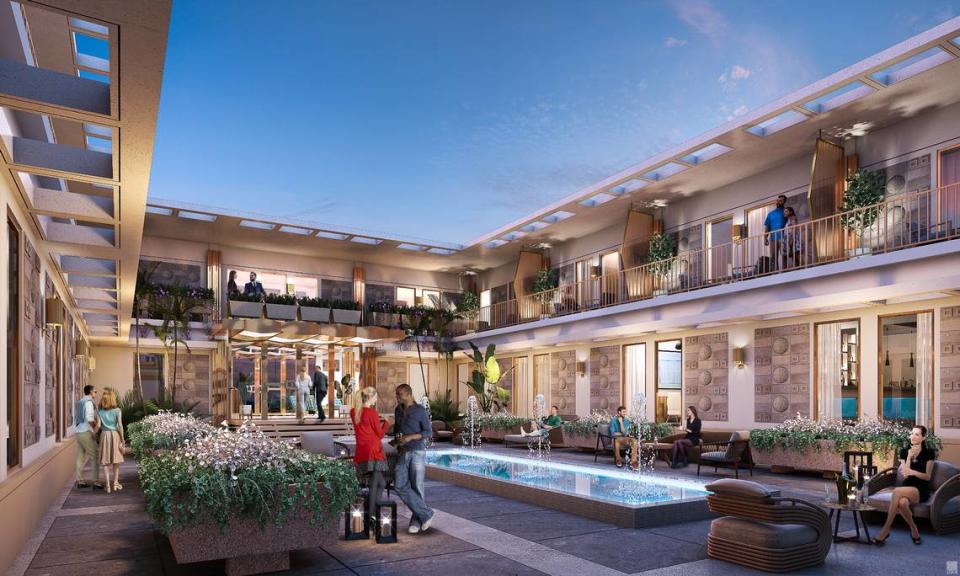 An architectural rendering shows a restored interior courtyard, fountain and concrete planters at the Pan American regional headquarters building at Miami International Airport. Original molded Pan Am globe logos are visible on the first-story walls. The long-vacant building will be converted into a luxury private air terminal.