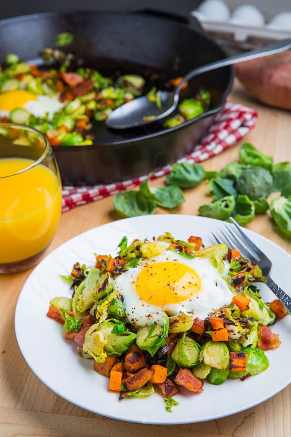 brussels spout hash with sweet potato and bacon