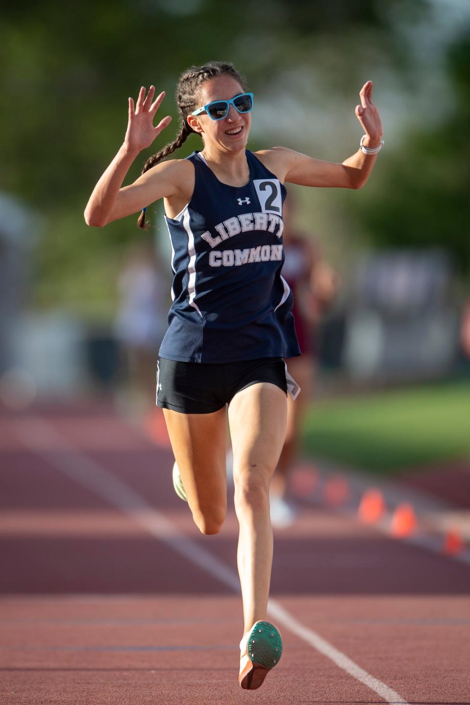 Liberty Common High School's Isabel Allori wins the Class 3A girls 3,200-meter race at the Colorado state track championships at Jeffco Stadium in Lakewood on May 19.