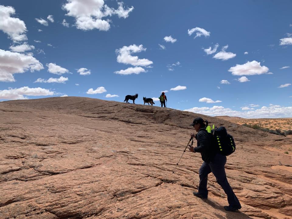 Bernadine Beyale, founder of Four Corners K9 Search and Rescue, is seen during a search for a missing person on the Navajo Nation on April 23rd, 2022. (Justin Higginbottom)