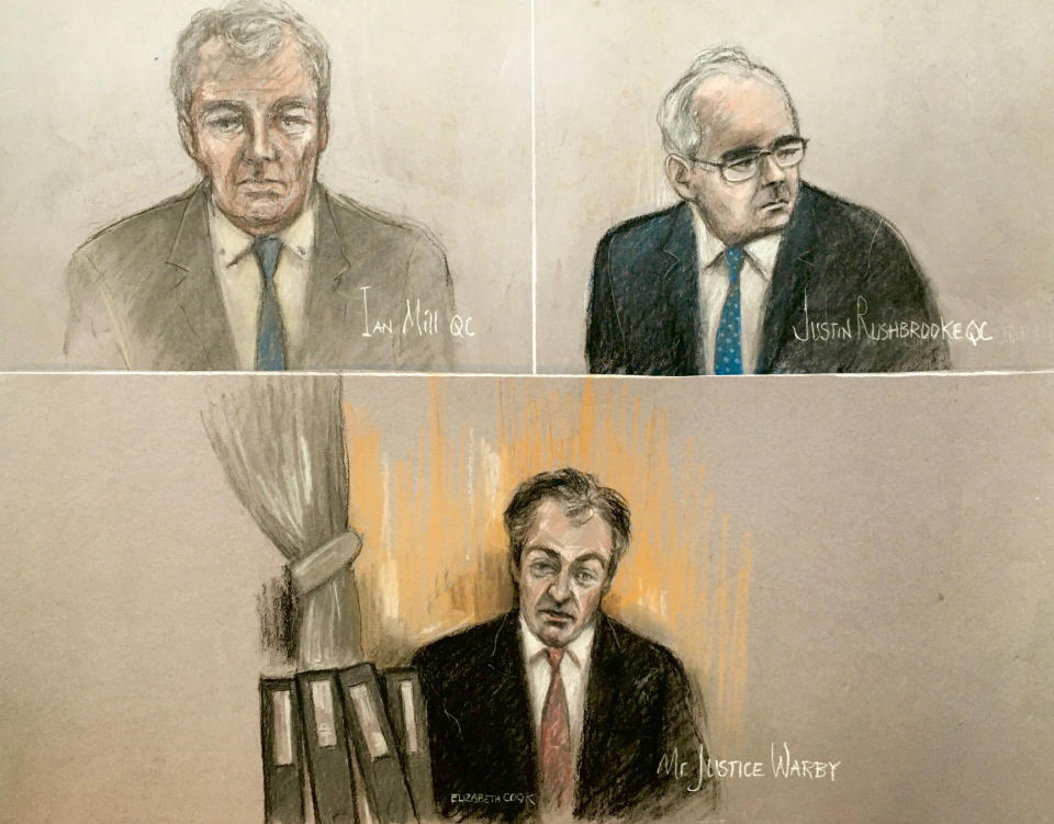 Court artist sketch by Elizabeth Cook of Ian Mill QC (top left), Justin Rushbrooke QC (top right) and judge Mr Justice Warby (bottom), at the Royal Courts of Justice, London, during the Duchess of Sussex's High Court privacy action against Associated Newspapers Limited (ANL) for the publication of a handwritten letter to her estranged father, Thomas Markle. Picture date: Tuesday January 19, 2021.