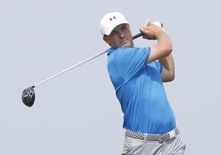 Aug 16, 2015; Sheboygan, WI, USA; Jordan Spieth hits his tee shot on the 3rd hole during the final round of the 2015 PGA Championship golf tournament at Whistling Straits. Mandatory Credit: Brian Spurlock-USA TODAY Sports