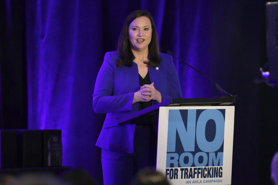 Florida Attorney General Ashley Moody speaks during a meeting between law enforcement officials and hotel groups to announce a campaign to prevent human trafficking surrounding next month's Super Bowl NFL football game in the Miami area, Thursday, Jan. 9, 2020, in Miami Beach, Fla. (AP Photo/Lynne Sladky)