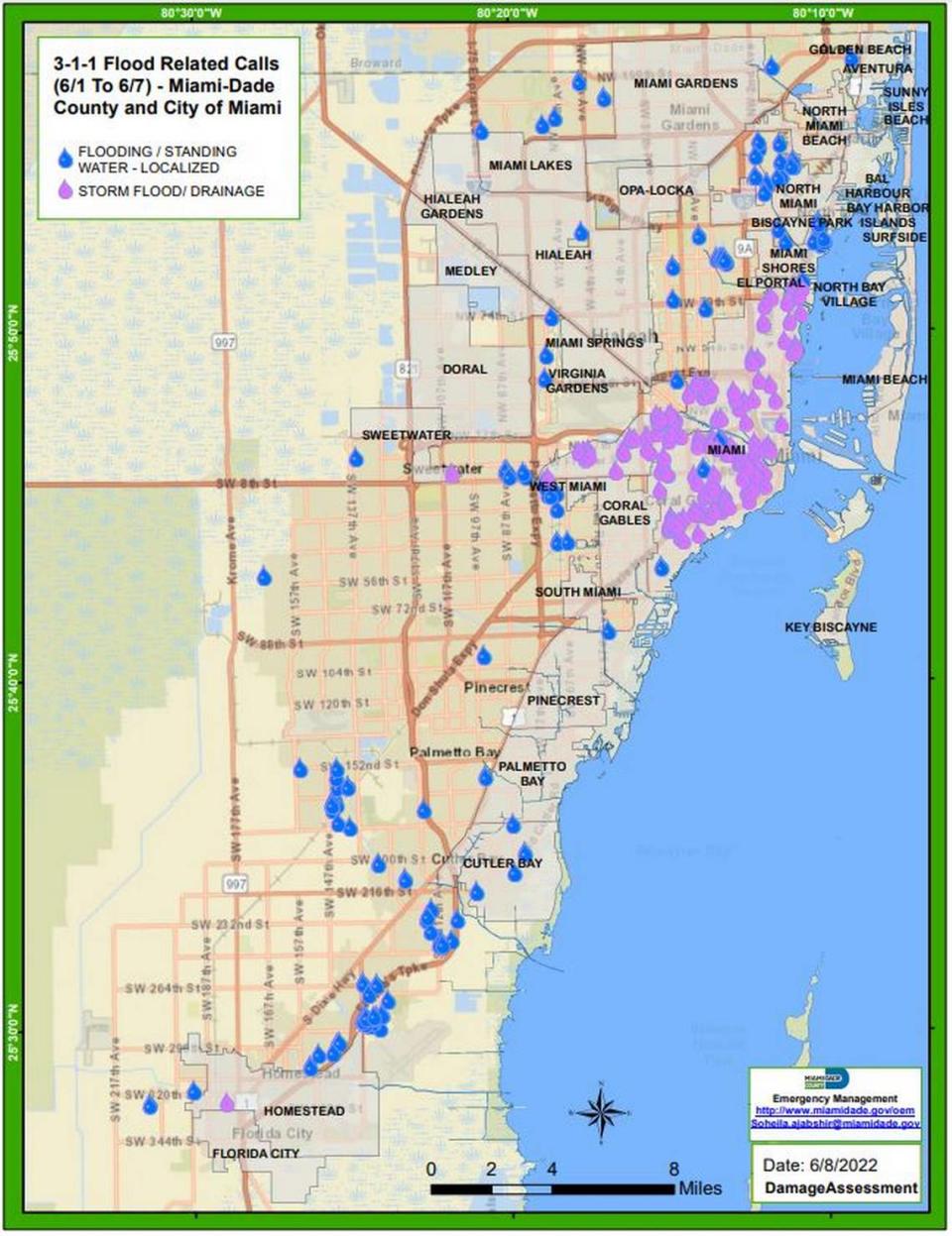 Miami-Dade hizo un mapa de todas las llamadas al 311 relacionadas con las inundaciones que recibió durante y después de la tormenta que inundó partes del condado a principios de junio. Solo se registraron las llamadas de la ciudad de Miami y de la zona no incorporada del Condado Miami-Dade.