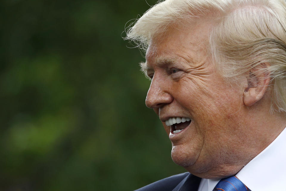 President Donald Trump speaks on the South Lawn at the White House, Monday, June 10, 2019, in Washington as he honors Team Penske for the 2019 Indianapolis 500 win. (AP Photo/Patrick Semansky)