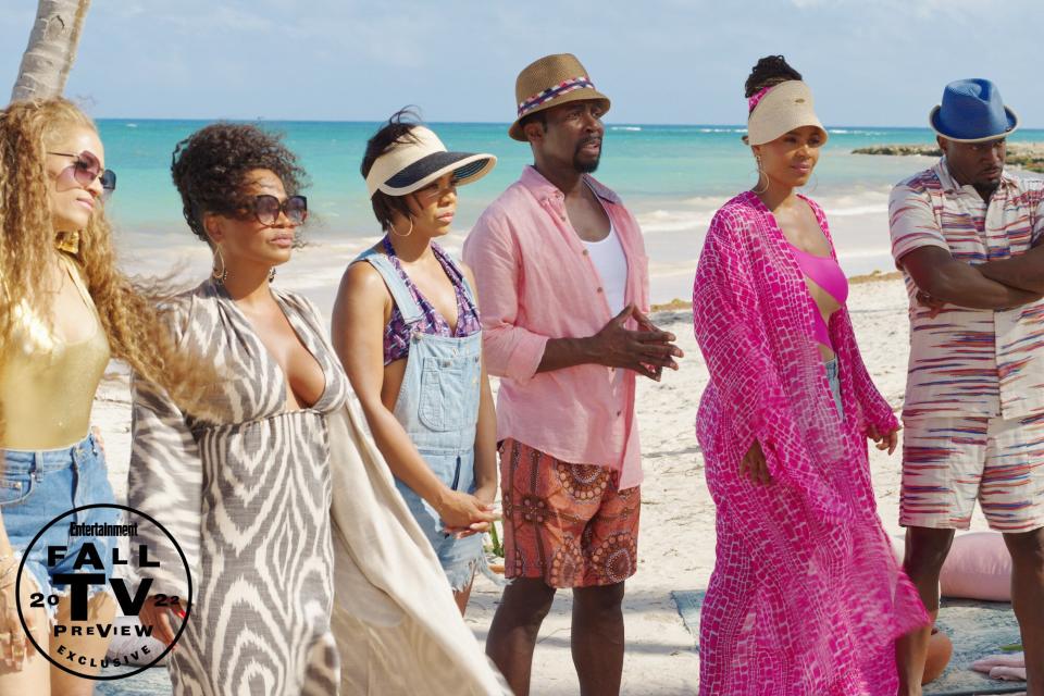 THE BEST MAN: THE FINAL CHAPTERS -- Episode 102 -- Pictured: (l-r) Melissa De Sousa as Shelby, Nia Long as Jordan, Regina Hall as Candy, Harold Perrineau as Julian, Sanaa Lathan as Robin, Taye Diggs as Harper -- (Photo by: Peacock)