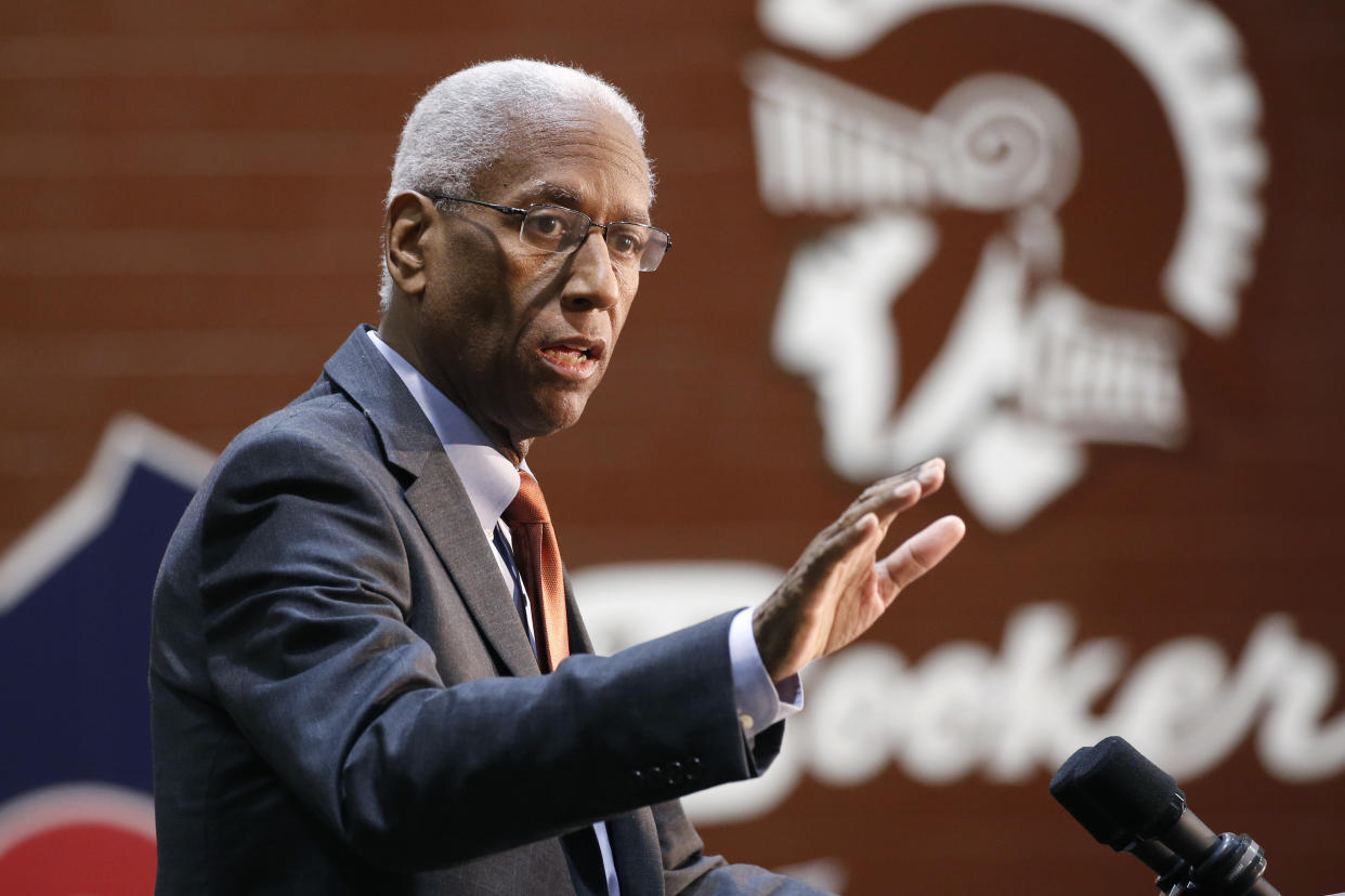 FILE - U.S. Rep. Don McEachin, D-Va., speaks during a rally for Democratic presidential candidate and former Vice President Joe Biden in Norfolk, Va., March 1, 2020. McEachin died Monday, Nov. 28, 2022, after a battle with colorectal cancer, his office said. He was 61. (AP Photo/Steve Helber, File)