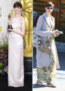 <b>Anne Hathaway</b> had to change Oscar dresses at the last minute. <a href="http://movies.yahoo.com/blogs/2013-oscars/anne-hathaway-apologizes-good-friend-valentino-difficult-oscar-234930957.html" data-ylk="slk:Instead of a Valentino gown;elm:context_link;itc:0;sec:content-canvas;outcm:mb_qualified_link;_E:mb_qualified_link;ct:story;" class="link  yahoo-link">Instead of a Valentino gown</a>, she wore this number by Prada. But by the next day, her style wasn’t so swanky. <br>When Hathaway stepped out after her Oscar win, she went a little heavy on the layers. She paired a Madewell dress with an Autumn Cashmere sweater, several bags, and sunglasses.