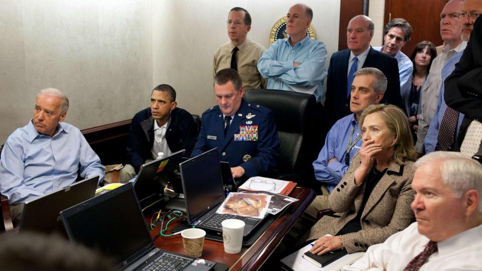 PHOTO: President Barack Obama, Vice President Joe Biden, Secretary of State Hillary Clinton and members of the national security team receive an update on the mission against Osama bin Laden in the Situation Room of the White House May 1, 2011. (The White House/Getty Images)