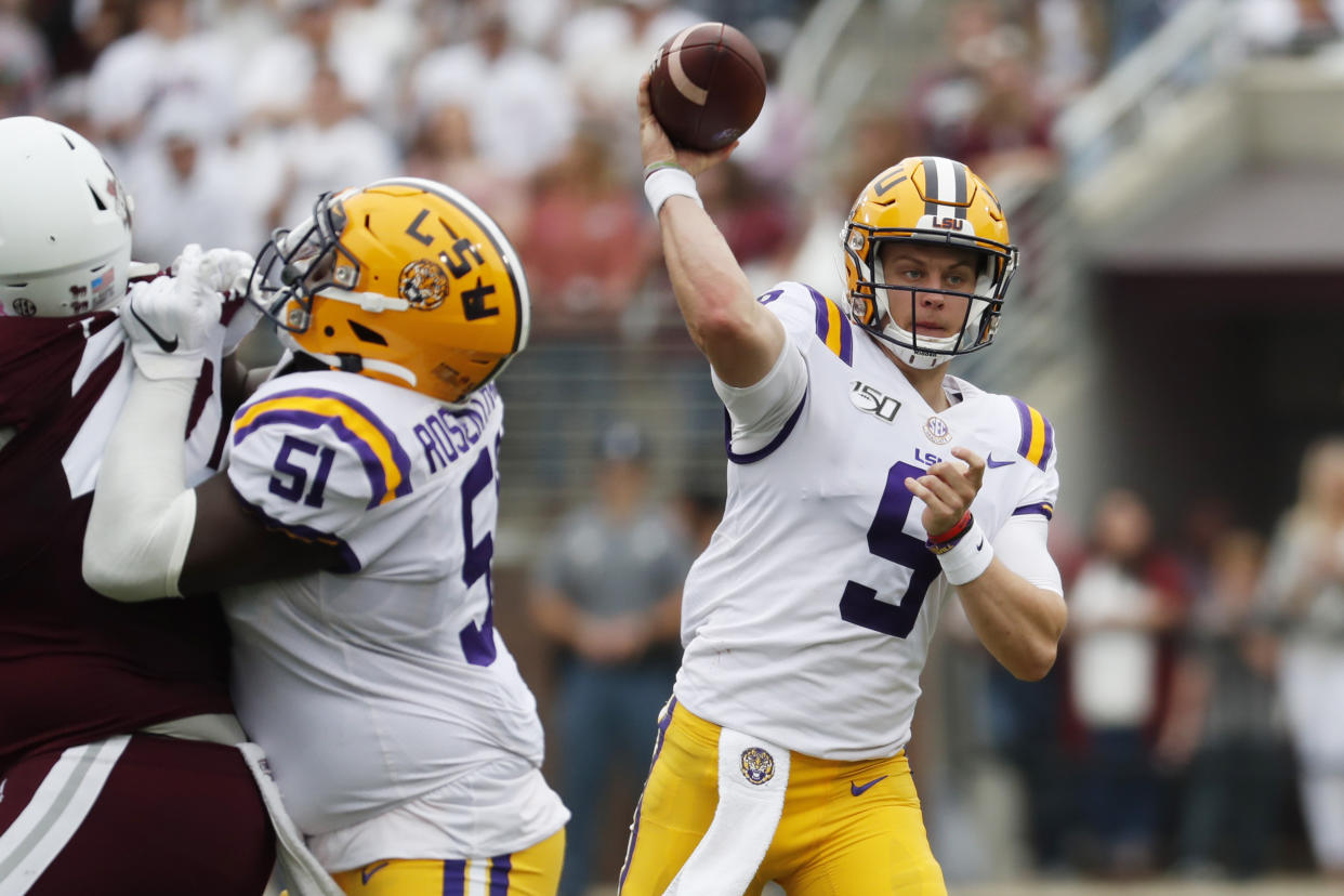 LSU quarterback Joe Burrow (9) passes against Mississippi State during the first half of their NCAA college football game in Starkville, Miss., Saturday, Oct. 19, 2019. (AP Photo/Rogelio V. Solis)