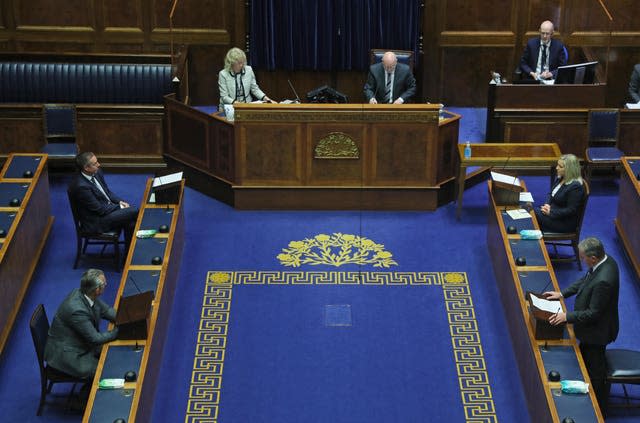 DUP leader Edwin Poots, bottom left, at a special sitting of the Stormont Assembly on Thursday 