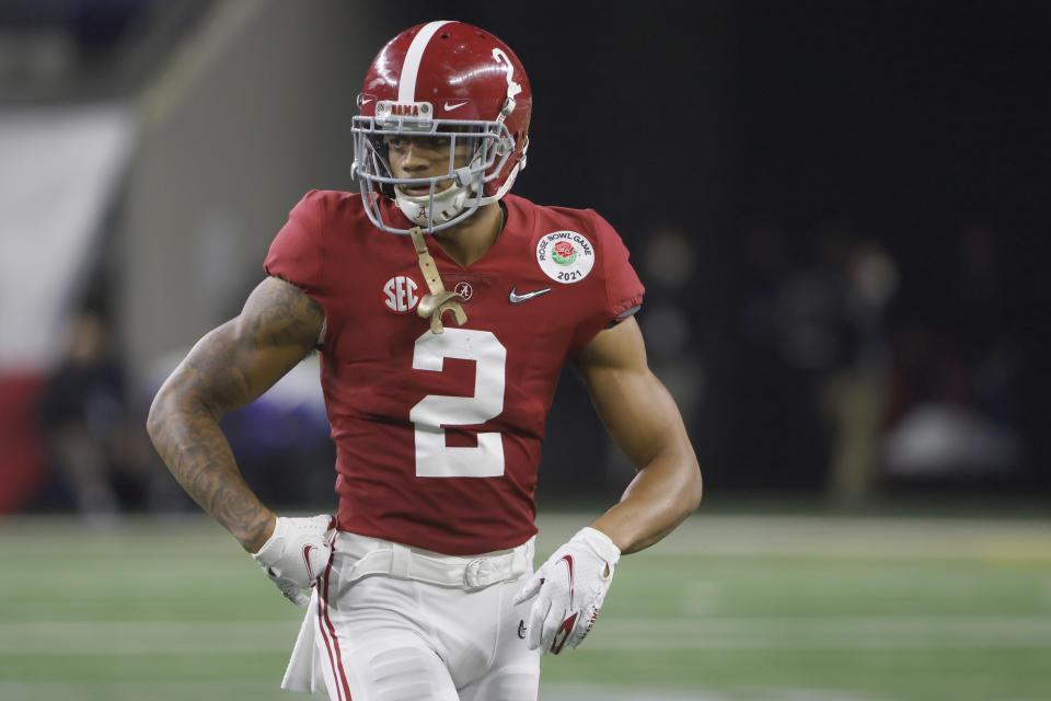 FILE - Alabama defensive back Patrick Surtain II (2) looks on against Notre Dame during the Rose Bowl NCAA college football game in Arlington, Texas, in this Friday, Jan. 1, 2021, file photo. Surtain is expected to be a first round pick in the NFL Draft, April 29-May 1, 2021, in Cleveland.(AP Photo/Ron Jenkins, File)