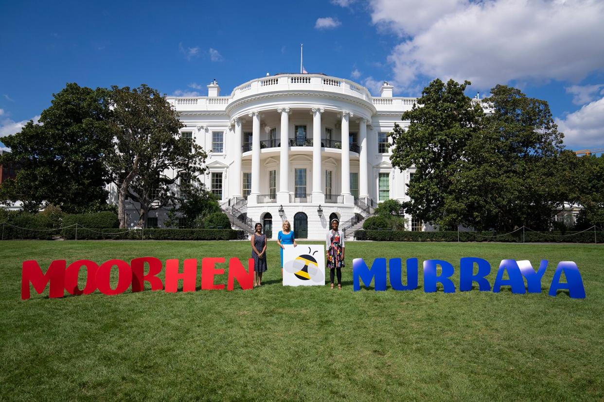 First Lady Jill Biden welcomes the 2021 and 2022 Spelling Bee Champions to the White House on Wednesday, September 14, 2022, where the winning words are displayed on the South Lawn.