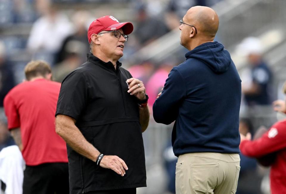 Indiana football coach Tom Allen talks with Penn State football coach James Franklin before the game on Saturday, Oct. 28, 2023 at Beaver Stadium. Allen could be a candidate to be Franklin’s next defensive coordinator.