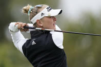 Jessica Korda tees off at the 11th hole during the second round of the LPGA's Hugel-Air Premia LA Open golf tournament at Wilshire Country Club Thursday, April 22, 2021, in Los Angeles. (AP Photo/Ashley Landis)