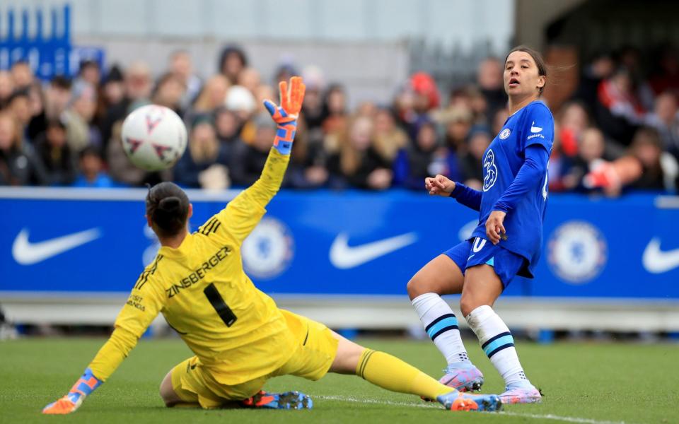 Chelsea's Sam Kerr scores her side's second goal - Women’s FA Cup: Sam Kerr and Chelsea make Arsenal pay for missed chances - PA/Bradley Collyer