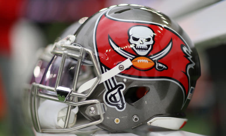 Tampa Bay Buccaneers helmet on the sideline.