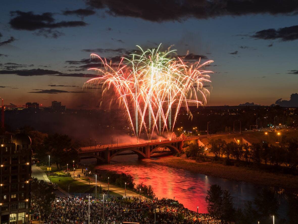 Fireworks over the Centre Street Bridge in Calgary on Canada Day 2017. A fireworks show will take place at Calgary's Municipal Building with a soundtrack from CJSW 90.9FM at 11 p.m. (City of Calgary - image credit)