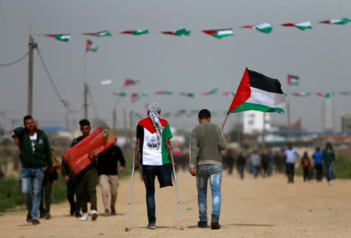 Protesters were marking the first anniversary of often violent weekly demonstrations in which around 200 Palestinians and an Israeli soldier have been killed