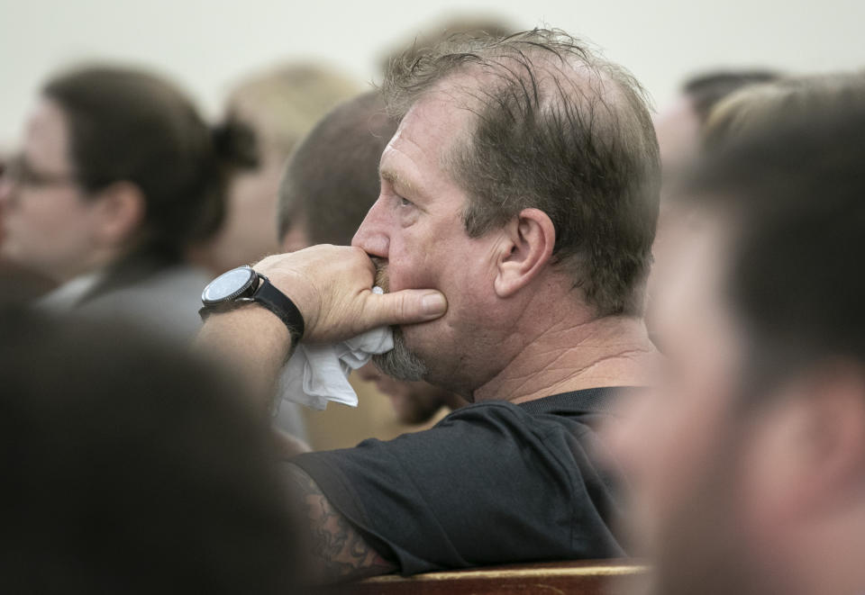 Tim Jones, Sr. awaits the verdict of his son, Timothy Jones Jr., during trial in Lexington, S.C., Tuesday, June 4, 2019, after being found guilty in the deaths of his five children in 2014. A jury convicted the South Carolina father of murder Tuesday in the deaths of his children, allowing prosecutors to seek the death penalty. (Tracy Glantz/The State via AP)