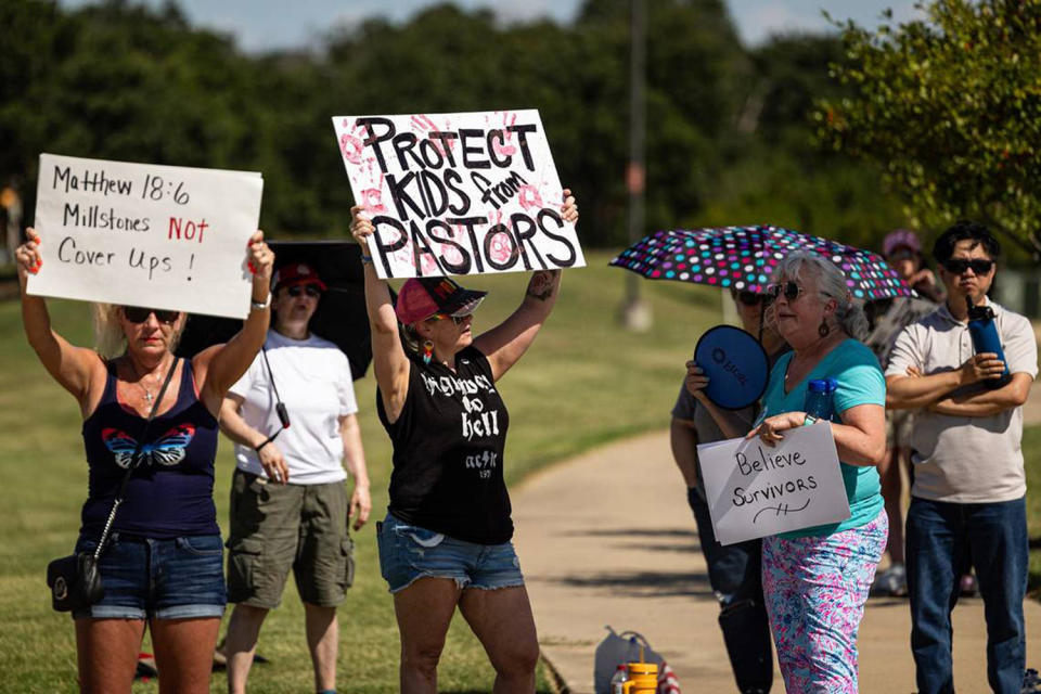 People gather outside Gateway Church in protest of child sexual abuse in the church (Chris Torres / Fort Worth Star-Telegram via Getty Images)