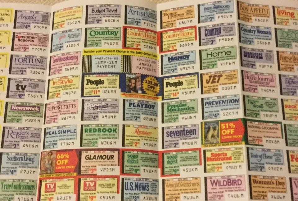 A sheet of magazine stamps featuring dozens of different magazine stamps 