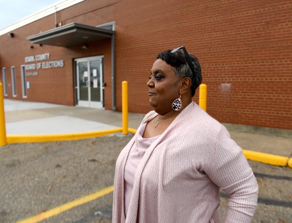 Rochelle Prince of Canton talks about her Primary vote outside Stark County Board of Elections in Canton.  Tuesday, May 3, 2022.