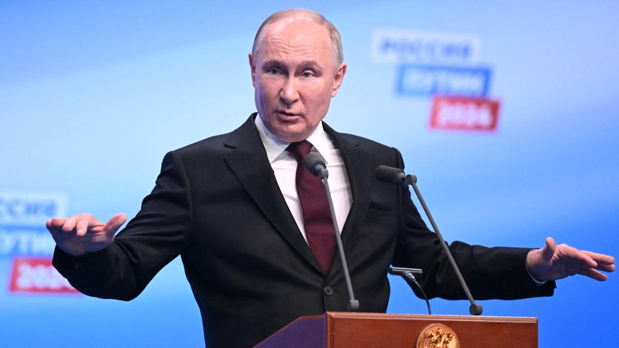 Russian President Vladimir Putin meets with the media at his campaign headquarters in Moscow on March 18, 2024.