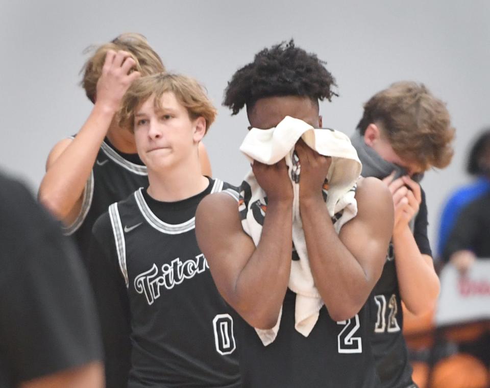 Mariner players including Corey Hunter (2) can't hide their emotions after their game against Norland in the Class 5A semifinal during the Florida High School State Championships at the RP Funding Center in Lakeland on Wednesday, March 6, 2024. Norland defeated Mariner 53-37.