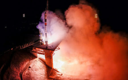 The Soyuz MS-06 spacecraft carrying the crew of Joe Acaba and Mark Vande Hei of the U.S., and Alexander Misurkin of Russia blasts off to the International Space Station (ISS) from the launchpad at the Baikonur Cosmodrome, Kazakhstan September 13, 2017. REUTERS/Shamil Zhumatov