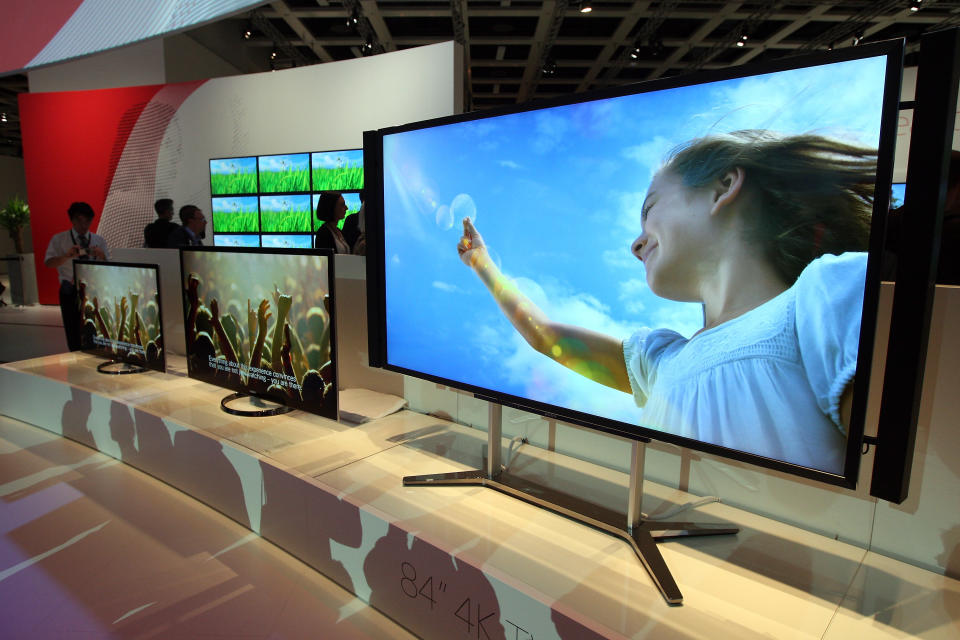 BERLIN, GERMANY - AUGUST 31: A Sony 84 inch (213 centimeter) 4KTV television sits on display at the Internationale Funkausstellung (IFA) 2012 consumer electronics trade fair on August 31, 2012 in Berlin, Germany. IFA 2012 is open to the public from today until September 5. (Photo by Adam Berry/Getty Images)