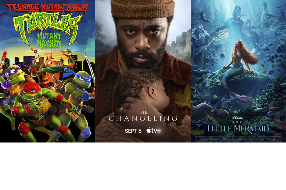 This combination of images shows promotional art for “Teenage Mutant Ninja Turtles: Mutant Mayhem,” left, the Apple TV+ series "The Changeling," center, and "The Little Mermaid." (Paramount/Apple TV+/Disney via AP)