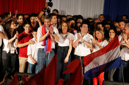 Paraguay’s newly-elected President Mario Abdo Benitez of the Colorado Party waves to supporters in Asuncion, Paraguay April 22, 2018. REUTERS/Andres Stapff