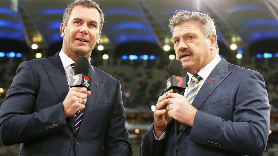 Wayne Carey and Brian Taylor, pictured here in action for Channel 7 in 2019.