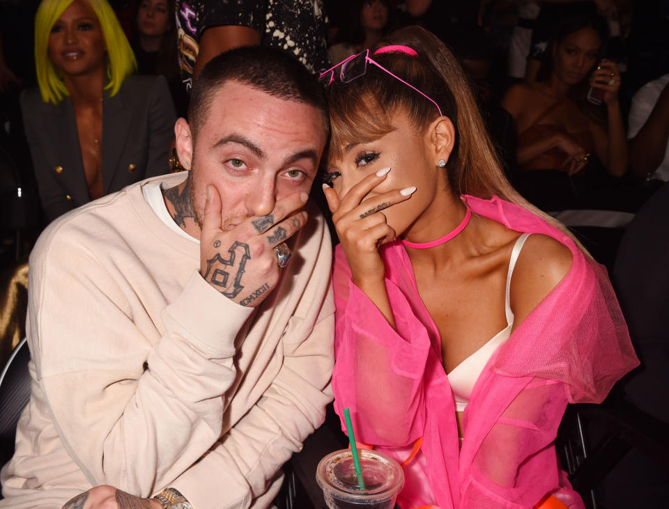 Mac Miller and singer Ariana Grande pose backstage during the 2016 MTV Video Music Awards. (Photo: Jeff Kravitz via Getty Images)