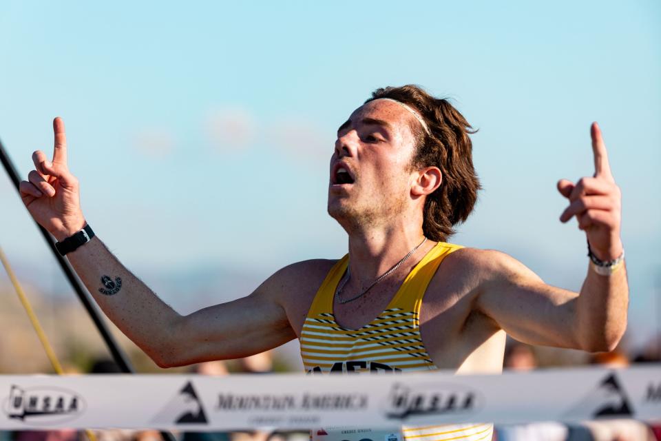 Emery High School’s Camdon Larsen crosses the finish line in first place in the 3A boys state high school cross-country championships at the Regional Athletic Complex in Salt Lake City on Tuesday, Oct. 24, 2023. | Megan Nielsen, Deseret News