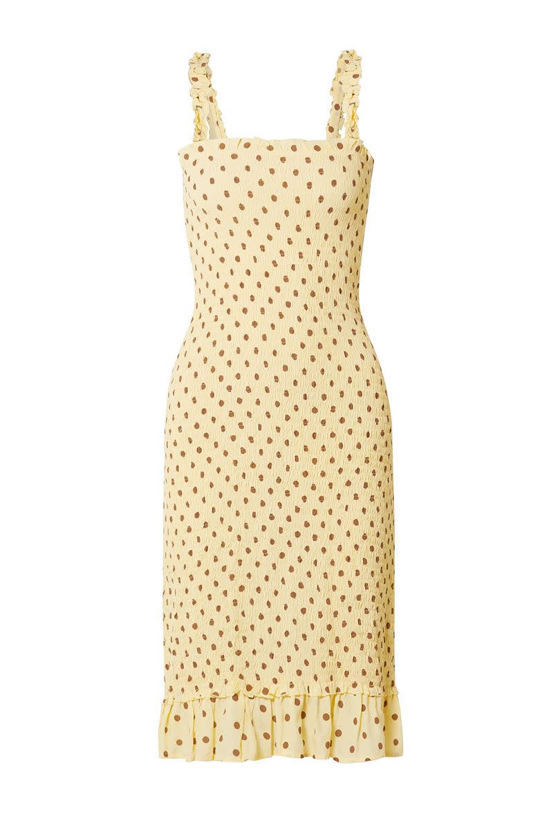 <p>Nadine smocked yellow dress - £205</p><p><a class="link " href="https://www.net-a-porter.com/gb/en/product/1117510/faithfull_the_brand/nadine-ruffled-smocked-polka-dot-crepe-midi-dress" rel="nofollow noopener" target="_blank" data-ylk="slk:SHOP NOW;elm:context_link;itc:0;sec:content-canvas">SHOP NOW</a></p>