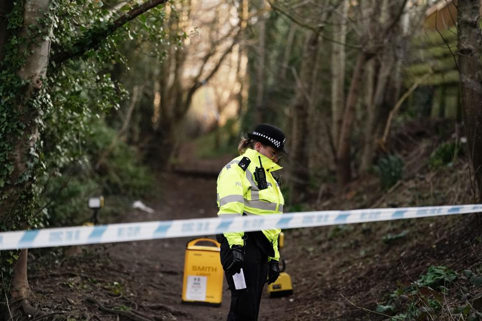 Police activity at the cordoned off scene in woodland close to Brentwood Crescent in Brighton, West Sussex, near to where remains have been found in the search for the two-month-old baby of Constance Marten and Mark Gordon. The pair were arrested on suspicion of gross negligence manslaughter after being stopped in Brighton on Monday following several weeks of avoiding the police, but the baby was not with them. Picture date: Thursday March 2, 2023.