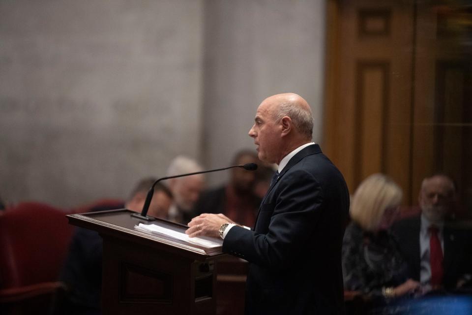 Rep. Gino Bulso, R-Brentwood, presents a bill during a House session at the state Capitol in Nashville, Tenn., Monday, March 4, 2024.