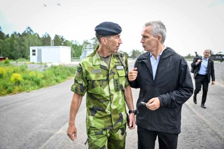 Jens Stoltenberg habla con el jefe de las fuerzas armadas suecas, Micael Bydén, durante una visita a Estocolmo el 7 de junio de 2024 (Henrik Montgomery)