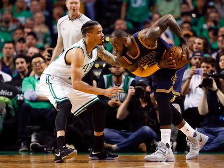 May 25, 2017; Boston, MA, USA; Cleveland Cavaliers guard Dahntay Jones (30) defends Cleveland Cavaliers forward LeBron James (23) during the second quarter of game five of the Eastern conference finals of the NBA Playoffs at the TD Garden. Mandatory Credit: Greg M. Cooper-USA TODAY Sports