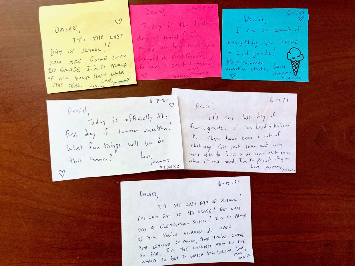 Handwritten notes by a mom for her son