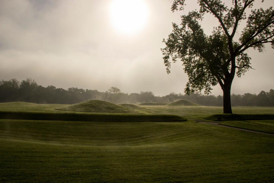 Steam fog lifts up from the mounds at Mound City Group on a cool summer morning.
