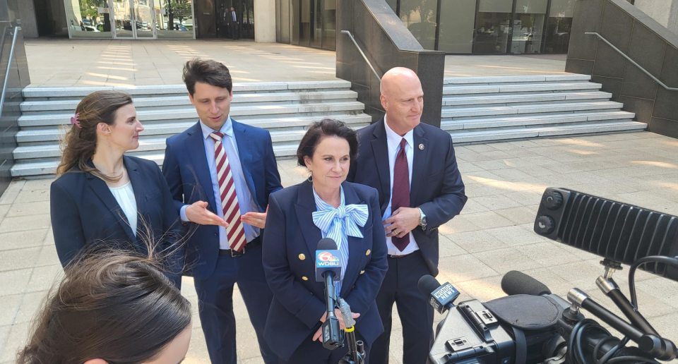 Louisiana Solicitor General Liz Murrill, and her team, meet with reporters outside of the United States District Court, Eastern District of Louisiana, 500 Poydras Street. Court had adjourned after a hearing over a potential injunction of FEMA's Risk Rating 2.0.